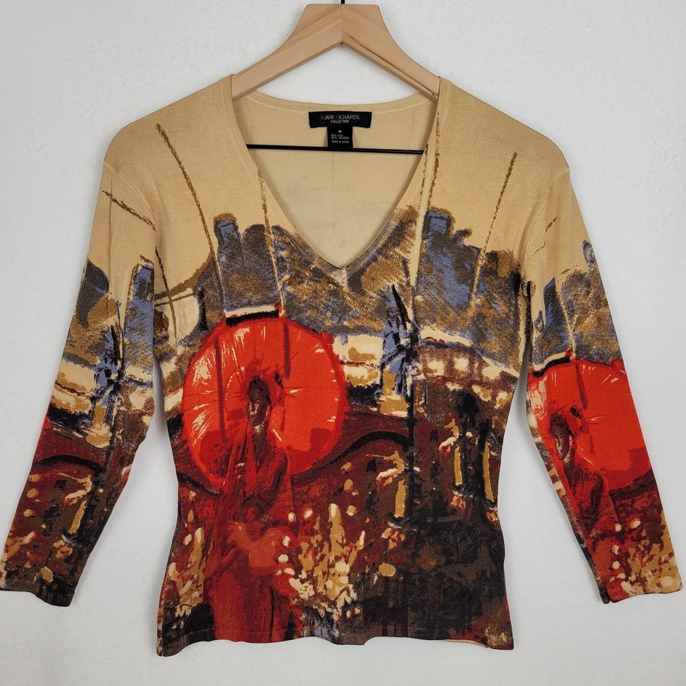 VTG Mark Richards Collection Silk Blend Top Asian Landscape Artsy Whimsigoth M